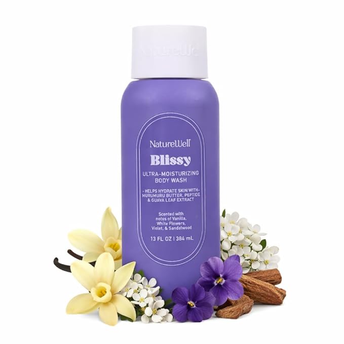NATURE WELL Blissy Hydrating & Cleansing Body Wash, Infused with Guava Leaf Extract, Murumuru Butter, & Peptides, Scented with Vanilla, White Flowers, Violet, & Sandalwood, 13 Fl Oz