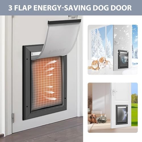 [Petoasis] 3-Flaps Heavy-Duty Dog Door for Wall,Rustproof Aluminum Frame | Energy-Efficient,Thick Flaps Block Wind Snow Rain Intrusion in Extreme Weather (Black, XLarge for Wall)