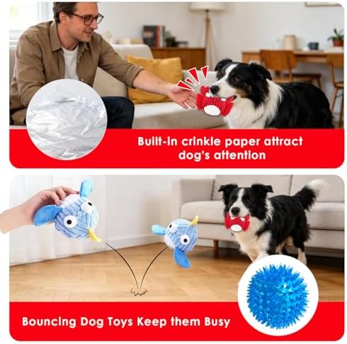 Squeak Dog Toys for Aggressive Chewers, No Stuffing Squeak Dog Chew Toys for Aggressive Chewers, Interactive Dog Toy Ball with Crinkle Paper for Medium Dogs, Large & Small Breeds (D-Crab+Whale)