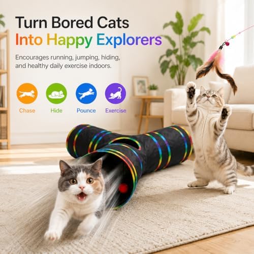 Cat Tunnels Tube Toy with Plush Ball & Cat Wand Feather Toys-Portable Tattaff Waterproof Washable-Interesting Geometric Pattern Collapsible-3 Way Black Rainbow