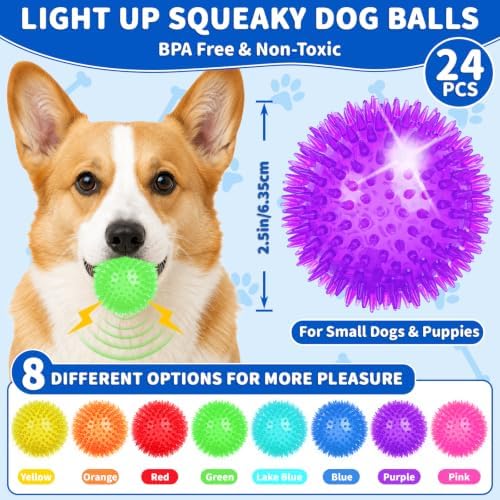 24 Pcs 2.5 In Light Up Squeaky Dog Balls 8 Colors LED Spiky Dog Toy Ball Glow in The Dark Interactive Fetch Ball TPR Bouncy Floating Toy for Aggressive Chewers Puppy Small Medium Dogs Indoor Outdoor