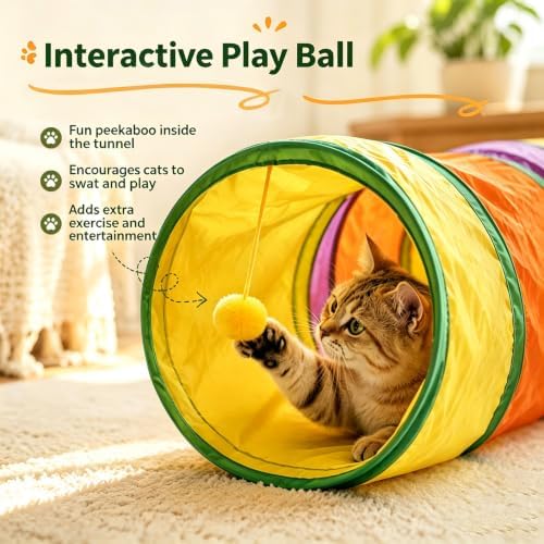 2 in 1 Cat Tunnel Set, Large DIY Free Splicing Cat Tunnels with Zipper, Collapsible Play Tunnel with Teaser Wand and Peek Holes, Interactive Pet Tube for Indoor Cats, Puppy and Rabbits (2 x T Shape)