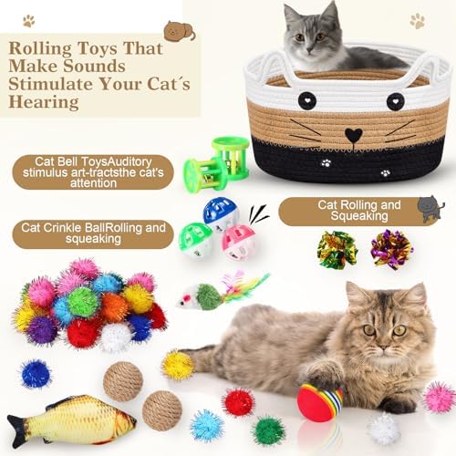 Zopeal 76 Pcs Cat Storage Basket Gift Toys Set, White,Coffee,Black