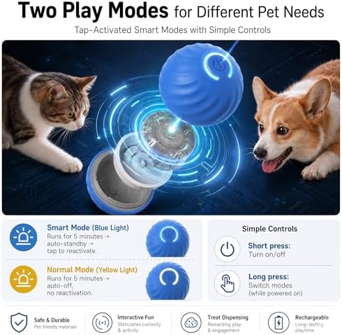 Automatic Rolling Treat Dispensing Pet Ball, Interactive Leaking Food Pet Toy, Dual Mode Rechargeable Puzzle Feeder for Small Medium Dogs & Indoor Cats（2.83In,0.36lb,Blue）