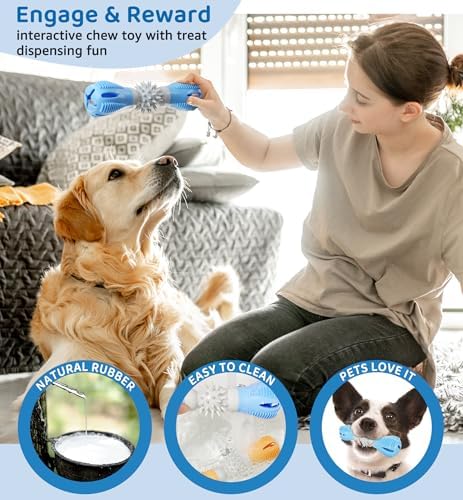 Durable Dog Chew Toy, Natural Rubber Treat Dispensing Puzzle Toy for Small & Medium Breeds – Interactive Teething, Training, and Dental Care Toy to Keep Dogs Engaged & Relieve Boredom (Blue)
