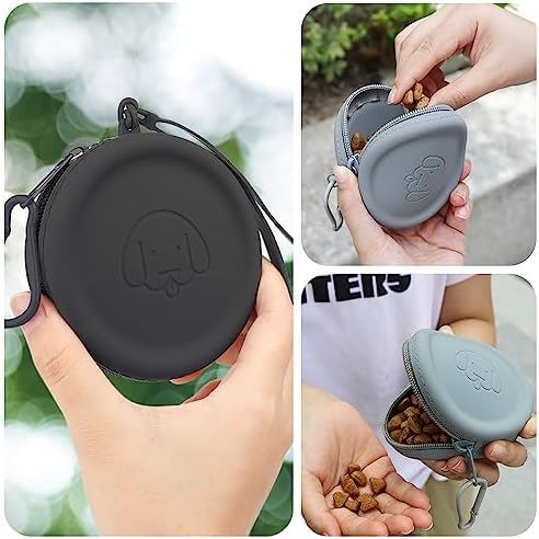 Silicone Dog Treat Pouch, 2PCS Pet Walking Bag for Dog and Cat, Pocket Size, Easy to Clean, Odorless, Zipper Design, Moisture-proof, Portable Training (Dark Gray & Black)