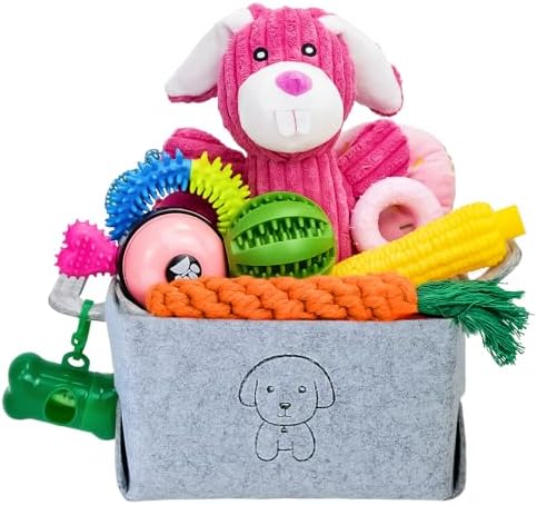 MRSOHRET 20Pcs Puppy Chew Toys for Teething, Dog Chew Rope Toys, Pet Dog Toothbrush, Treat Balls, Plush Squeaky Toy for Small Medium Dogs with Basket
