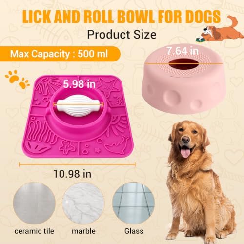 Slow Feeder Dog Bowl with Rolling Ball, 2 in 1 Dog Lick Bowl with Mat