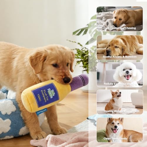 Champagne Bottle Squeaky Crinkle Dog Toy - Interactive Plush Chew Toys for Puppy Teething, Small Dogs, Aggressive Chewers and Keeping Busy
