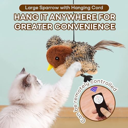 Interactive Chirping Bird Cat Toy, Rechargeable Automatic Cat Toy with Real Bird Sound and Feather Tail, Kicker Toy for Indoor Cats and Kittens