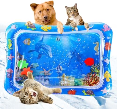 Scratch Proof Water Mat for Cats, Pet Water Sensory Mat, Floating Fish Interactive TPU Thickened Water Bed Cooling Pad, Anti-Scratch Water Filled Play Matfor Pets in Summer (Rectangle D)