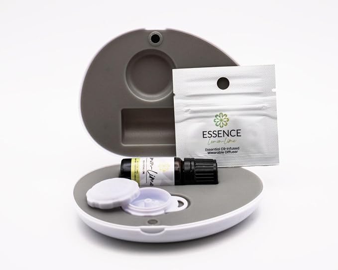 Essence Pearl Travel Case | Lemon-Lime Essential Oil | Aromatherapy Nasal Diffuser & Essential Oil Carrying Case | Uplifting Citrus Blend | Travel-Friendly Kit | White Pod