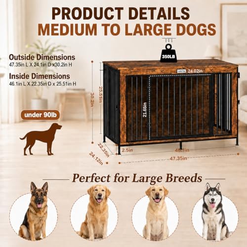 XL Dog Crate Furniture 48'' | Extra Large Heavy Duty Anti-Chew Dog Kennel | Rustic Wooden Entertainment Center & TV Stand with 400LB Top Capacity | Escape Proof Double Door Pet House