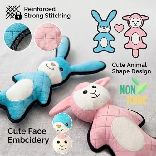 PetLike Tough & Durable Plush Dog Toy Set - 2 Pack - Interactive Animal Chew Toys for Puppies & Dogs, Perfect for Teething, Fetch & Cuddly Playtime (Blue Rabbit+Pink Sheep)