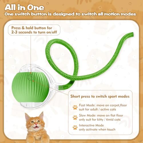 Interactive Cat Ball Toys for Indoor Cats, Peppy Pet Ball, 2025 Upgraded Automatic Kitten Toy for Bored Indoor Adult Cat, 360°Smart Rolling Toy (Green)