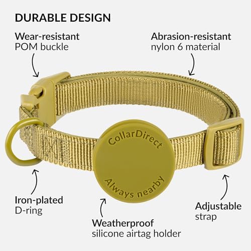 CollarDirect Airtag Nylon Dog Collar Silicon Holder Designed for Apple Airtag with QR Tags Personalized Dogs Puppies 5 Colors Black Pink Violet Green Orange (Green, XS)