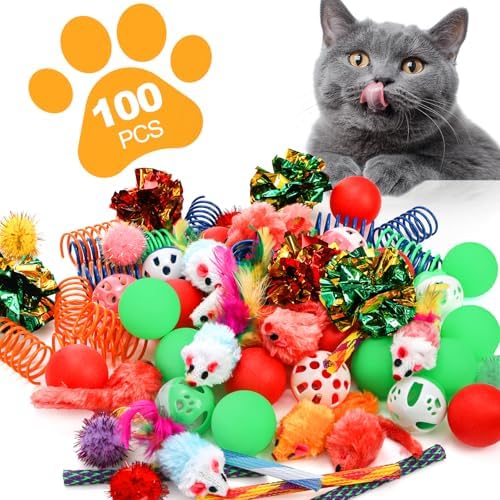 Nicunom 100 Pcs Cat Toys for Indoor Cats and Kittens - Spring, Fur Mice, Crinkle Ball, Sparkle Pom Pom Ball, Bell, Catnip Rope, Variety Cat Interactive Toy Set