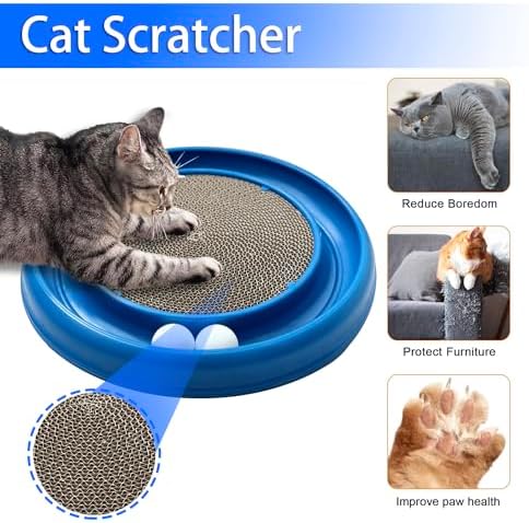 Interactive Cat Ball Track Toy for Indoor Cats, Cat Scratching Board & Exercise Set for Bored Indoor Adult and Kitten Mental & Physical Stimulation, with Spare Ball to Prevent Loss (Blue)