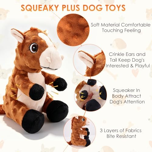 Plush Horse Dog Toy with Squeaker and Crinkle Ears, 6 x 8 x 8 inch