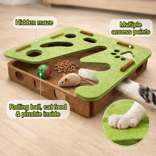 Interactive Cat Puzzle Feeder Toy – Felt Maze Box with 3 Jingle Balls – Mental Stimulation, Slow Feeding & Fun Exercise for Indoor Cats & Kittens (1,Round-Green)