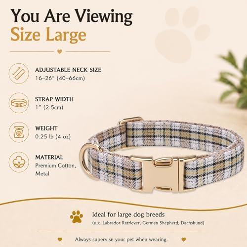 Soft Cotton Dog Collar Classic Plaid Pet Collars with Metal Clasp for Large Dogs with Sensitive Skin, Creamy Countryside
