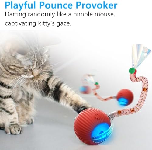 Interactive Cat Toys for Indoor Cats, 2025 New Generation Interactive Cat Ball Toy with Elastic Mesh Tail, Automatic Cat/Kitten Toys with Chirping & Motion Activate, Cat Toys for Bored Indoor(Red)
