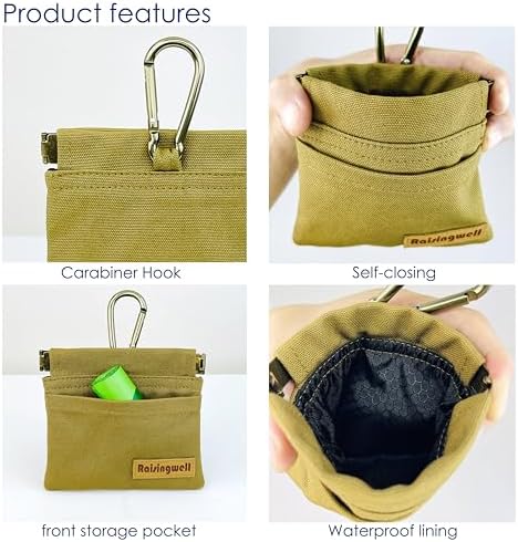 Raisingwell Dog Treat Pouch, Brown Pocket Sized Pet Training Pouch, Cotton Fabric, Hand Free Dog Walking Bag with Carabiner, Self-Closing Pet Feed Snack Reward, for Puppy Travel or Outdoor Use