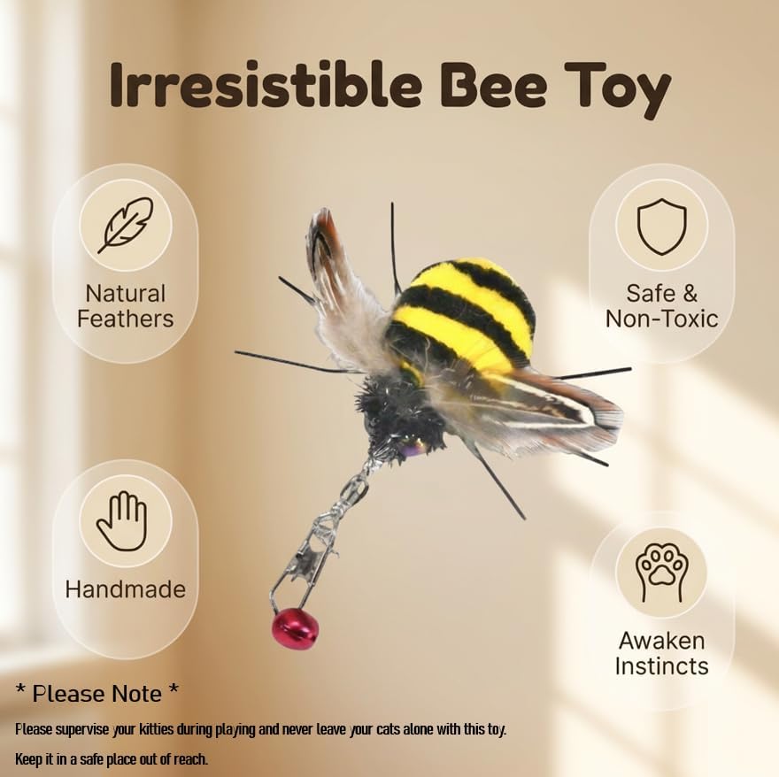 Cat Insect Feather Toys Replacement - 2 Pcs Handmade Natural Bees - Cat Toy Wand Refills - Interactive Kitten Teaser Wand Attachments - Cat Toys for Indoor Cats Play