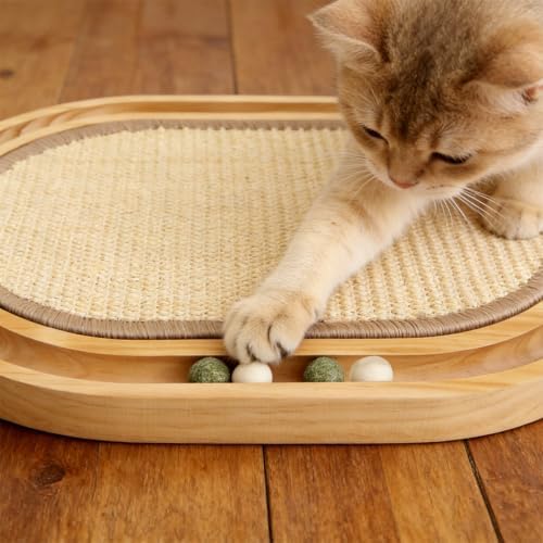 Sisal Cat Scratcher Toy, Natu sisal cat Scratching pad, Ball Track Wooden Interactive Cat Toy Ball, Catnip Ball, for Cats Chasing, Hunting, Mental Physical Exercise Puzzle