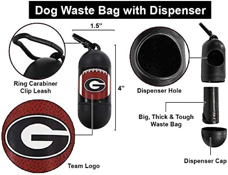 Pets First NCAA GEORGIA BULLDOGS PET LICENSED Poop Waste Bag Dispenser and D Ring for Leash with 1200 Premium Garbage Bags