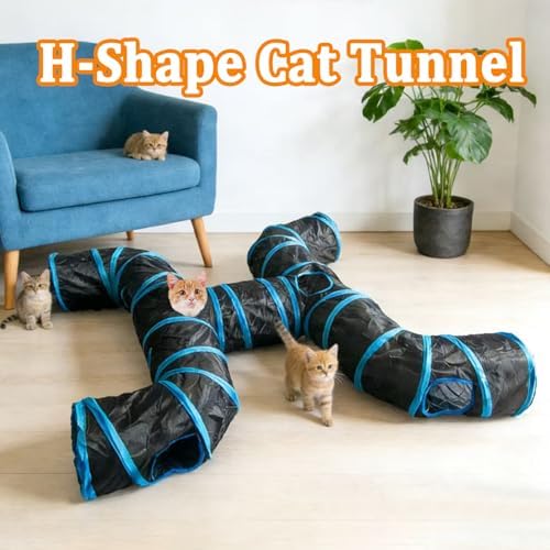 4-Way Large Cat Tunnel, H Shape Cat Tube Toy with Interactive Playing Balls, Peek Hole for Indoor Cats, Kitten, Kitty, Puppy, Rabbit (Black)