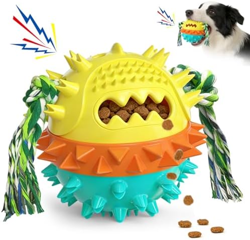 Dog Chew Toys Floating 4" Squeaky Ball for Aggressive Chewers Toothbrush Teething Cleaning Toys Outdoor Swimming Interactive Tough Toys with Treat Dispenser Ball for Medium and Large Dogs