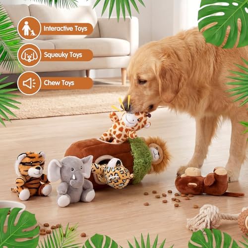 Skylety 7 Pieces Hide and Seek Dog Toys Activity Puppy Chew Squeaky Toys Plush Stuffing Burrow Woodland Stuffing with Squeakers for Small Medium Pets Dogs Puppy Gift(Lovely,Medium)