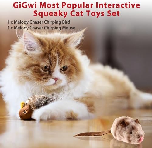 Gigwi Automatic Cat Toys Pack, Interactive Electronic Squeaky Animals Bird and Mouse, Plush Toys for Cats to Play Alone, 2 Pcs