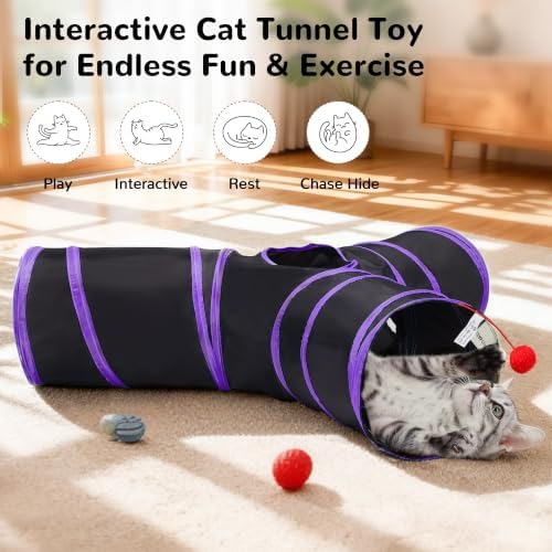 Tempcore Cat Tunnel, 3-Way Collapsible Toy, Large Size Black & Purple
