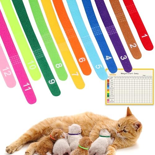 Newborn Puppy Collar Set of 12 with Numbered Tags & Weight Tracker Chart, Soft Adjustable Kitten Collar, Puppy Collars for Litter, Whelping Supplies for Kitten Small Dogs (S/M/L) (S)