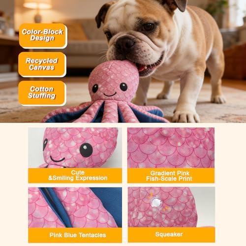 10.24" Recycled Canvas Octopus Squeaky Dog Toy, Durable Stuffed Chew Toy for Puppy Teething, Interactive Play for Small Medium Large Dogs, Pink Blue