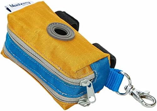 Blueberry Style Dog Waste Bag Dispenser, Mustard Yellow, Color-Block Trash Bag Dispenser with 2 Auto Locking Zipper, Dog Poop Bag Holder Leash Attachment, Includes 1 Roll of Free Poop Bags