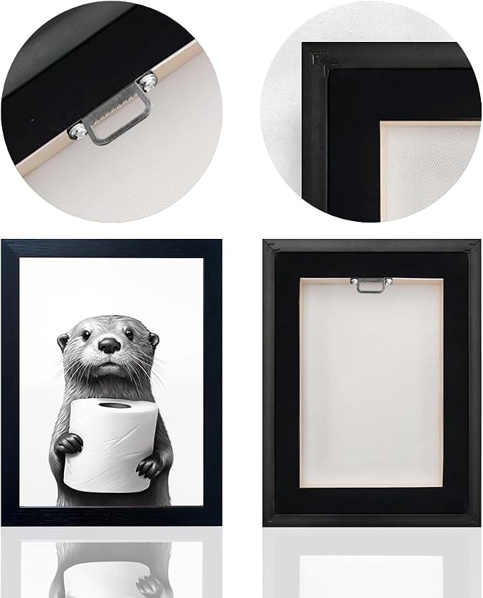 Bathroom Picture Wall Decor, Framed Black and White Bathroom Wall Art, Toilet Paper in Little Funny Raccoon's Hand Animal Canvas Print Painting