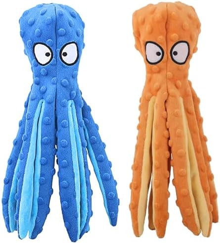 Octopus Dog Toy, No Stuffing Plush Squeaky Crinkle Toy to Keep Dogs Busy, Interactive Chew Toy for Puppies Small Medium Large Dogs, Blue, Tail Town