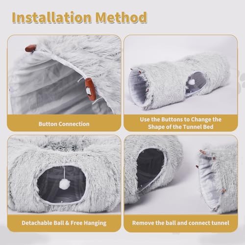 Cat Tunnels Bed with 1 Straight Tunnel and 20 Pet Toys - 5 Shapes DIY Indoor Cats Cave - Detachable Soft Cat Donut for Kitten Puppy Rabbit Ferret