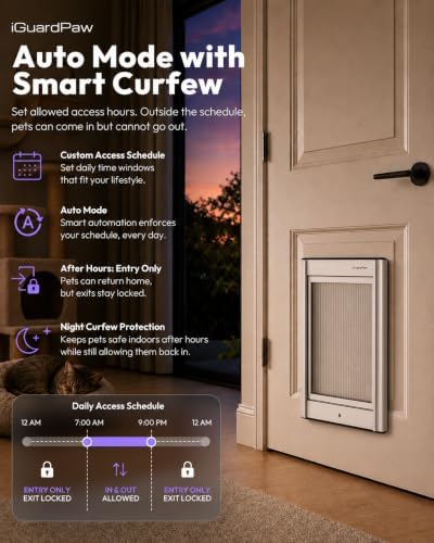 Cat Door with Collar Sensor, Automatic Cat Door, with Curfew, XS | Collar-sensor access, cat door, three control modes, curfew entry, aluminum build, white, XS sizing
