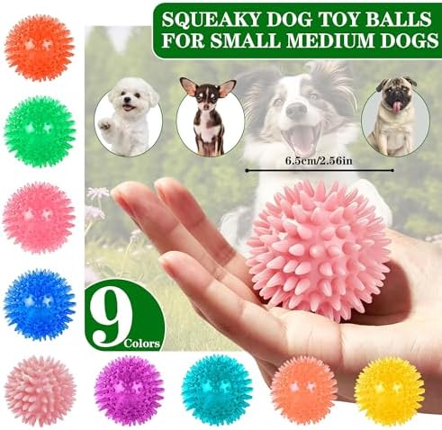 9 Pack Squeaky Dog Balls 2.5″ Dog Toys Balls for Small Medium Dogs Pet Puppy Chew Toys for Teething No Odor Durable Spiky Balls for Teeth Cleaning and Training for Small Dogs（Small）