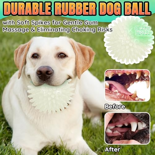 LECHONG 6-Pack Glow in The Dark Squeaky Dog Balls, 3.5” Spiky Dog Toy Balls, Durable Glowing Rubber Fetching Ball for Medium & Large Dogs Nighttime Playing Indoors & Outdoors