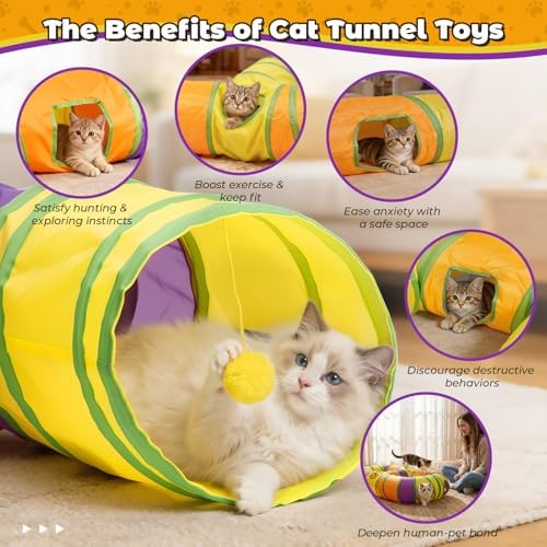 Cat Tunnel for Indoor Cats 8-Shaped, Collapsible Cat Playhouse Pet Play Tunnel Tube Maze with Hanging Pom-poms and Interactive Hole for Kitten, Kitty, Puppy, Rabbits, Ferret, Guinea Pig