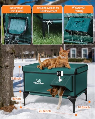 Indestructible Heated Cat House with Pet Camera for Outside Winter, 100% Waterproof, Escape Door, Insulated Outdoor Cat Shelter with Heater for Feral Barn Cat Kitty (Forest Green, 26"x16"x18")