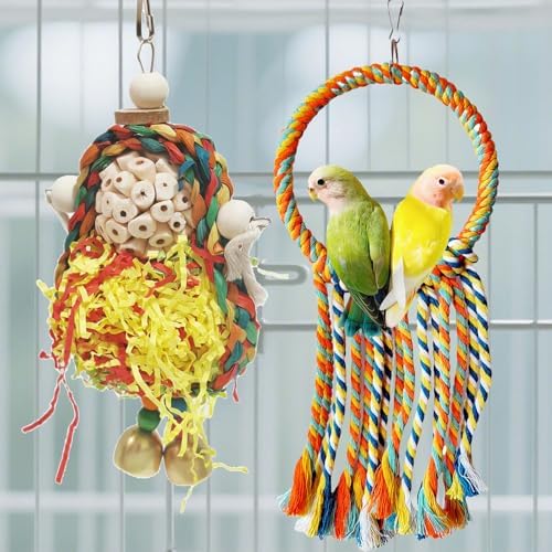 Wooden Bird Swing Toy with Rope Perch, Fish Shape, Hanging Cage Accessory for Parrots (Colorful, Swing and Ball)