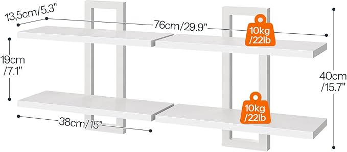 HOOBRO Floating Shelves, 15 Inch Wall Shelf Set of 2, Wall Mounted Storage Shelves 2-Tier, Hanging Bathroom Shelves, for Living Room, Bedroom, Bathroom, Kitchen, White WW32BJ01