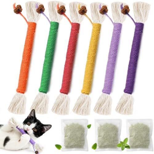 Kitten Toys, Cat Chew Toy for Teeth Cleaning, Catnip Rope Toys for Indoor Kittens, Interactive Cat Nip Teething Toys for Cats, Kitty Kicker Toy, 6 Pack (Plus 3 Pouches of Catnip)