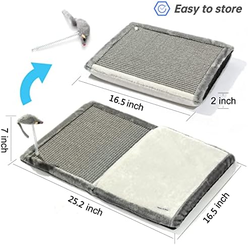 Happi N Pets Cat Scratcher Mat, 3 in 1 Foldable Sisal Mat for Small & Medium Cats, Portable Natural Scratcher with Memory Foam Bed & Interactive Toy, Rectangular, Grey